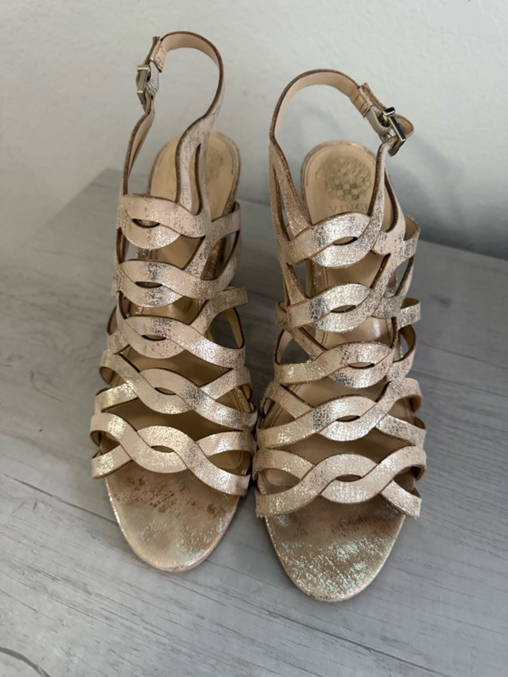 Vince Camuto Norla leather Metallic Rose Gold Wavy Strap Slingback Heels